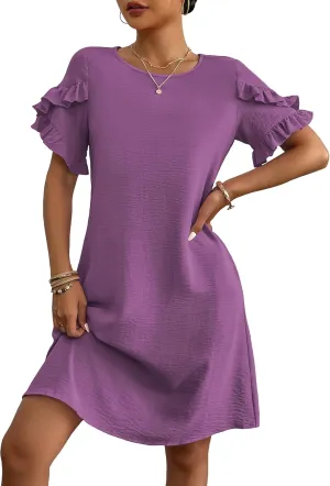 HOTOUCH Womens Summer Dress 2025 Short Sleeve A-Line Mini Crew Neck Shift Dress with Pockets