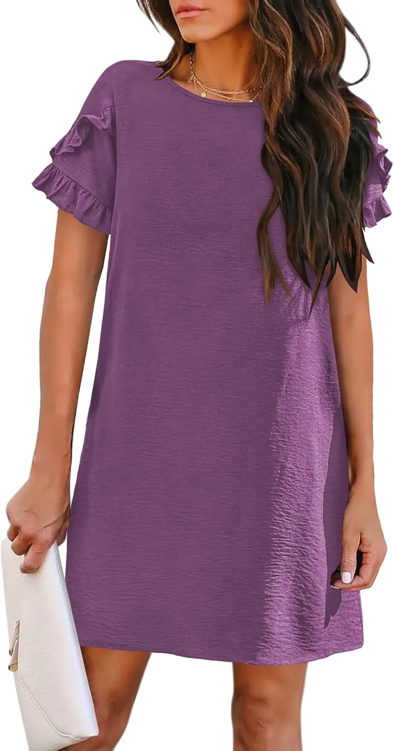 HOTOUCH Womens Summer Dress 2025 Short Sleeve A-Line Mini Crew Neck Shift Dress with Pockets