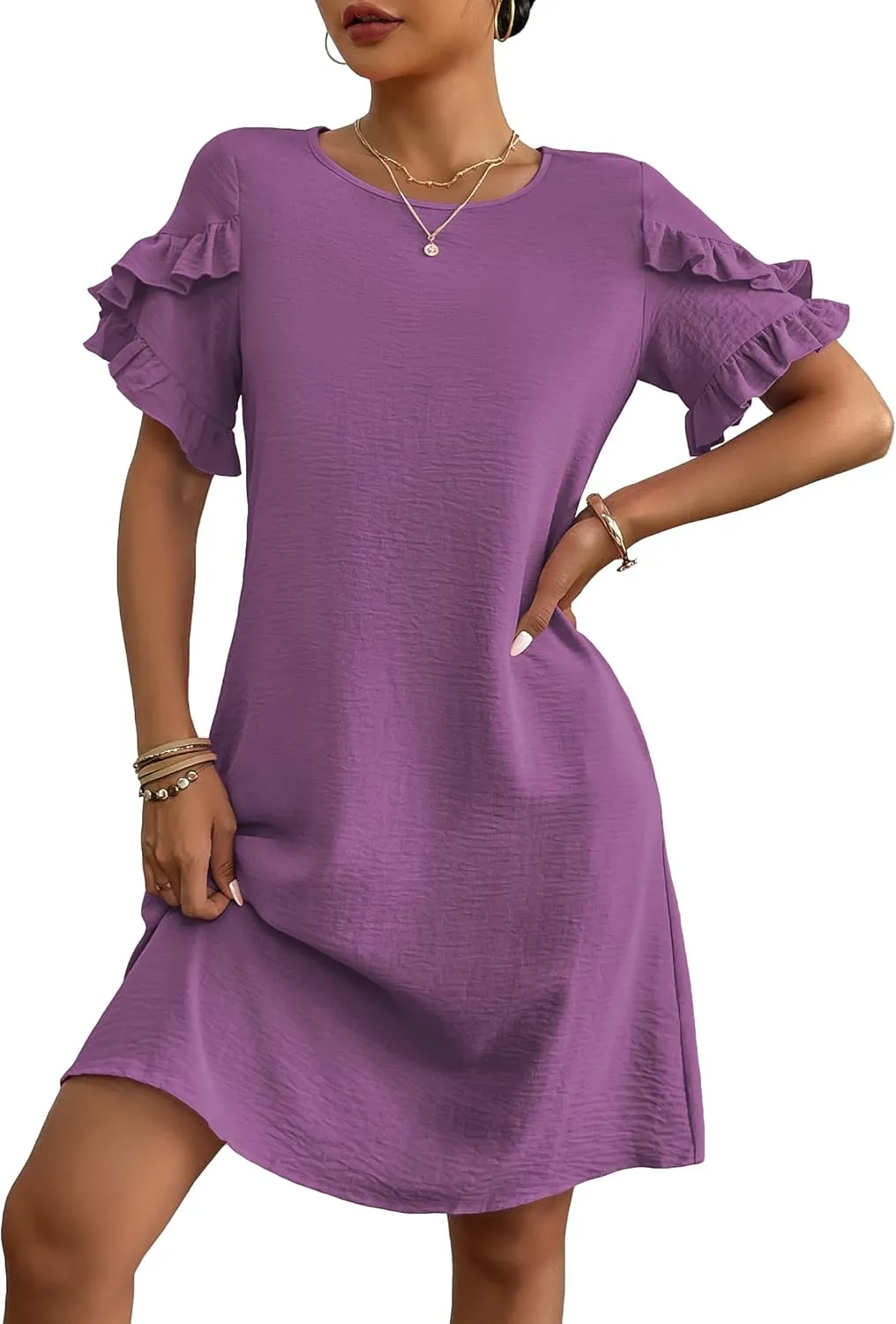 HOTOUCH Womens Summer Dress 2025 Short Sleeve A-Line Mini Crew Neck Shift Dress with Pockets