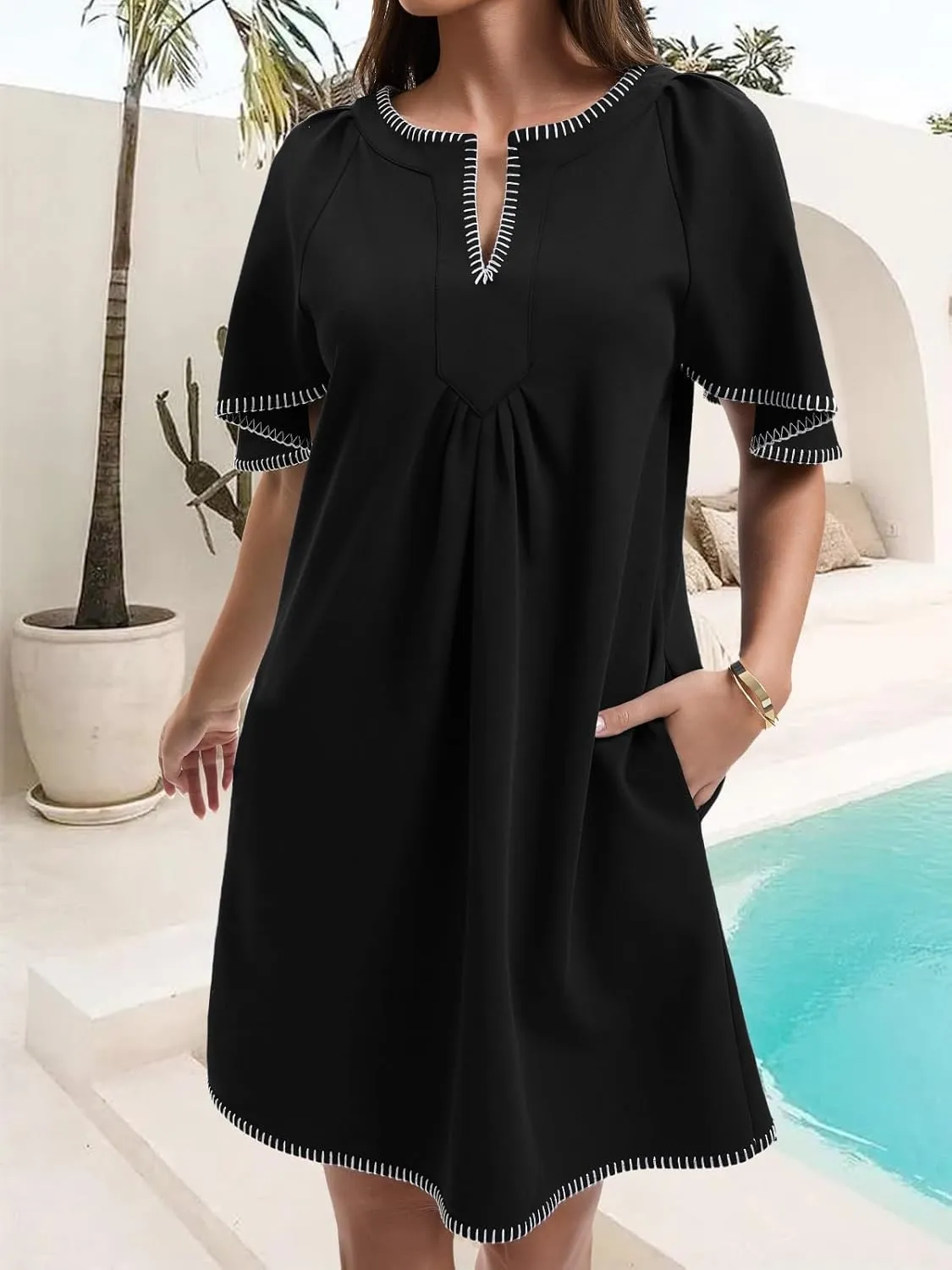 HOULENGS Women's Summer Ruffle Short Sleeve A Line Mini Dress Casual Contrast Trim V Neck Short Dress with Pockets