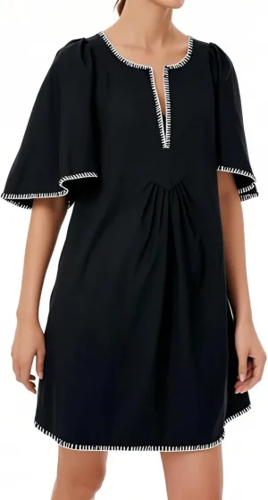HOULENGS Women's Summer Ruffle Short Sleeve A Line Mini Dress Casual Contrast Trim V Neck Short Dress with Pockets