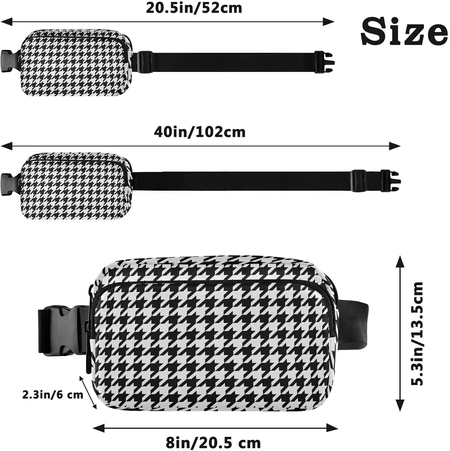 Houndstooth Check Plaid Fanny Pack for Women Men Belt Bag Crossbody Waist Pouch Waterproof Everywhere Purse Fashion Sling Bag for Running Hiking Workout Walking Travel