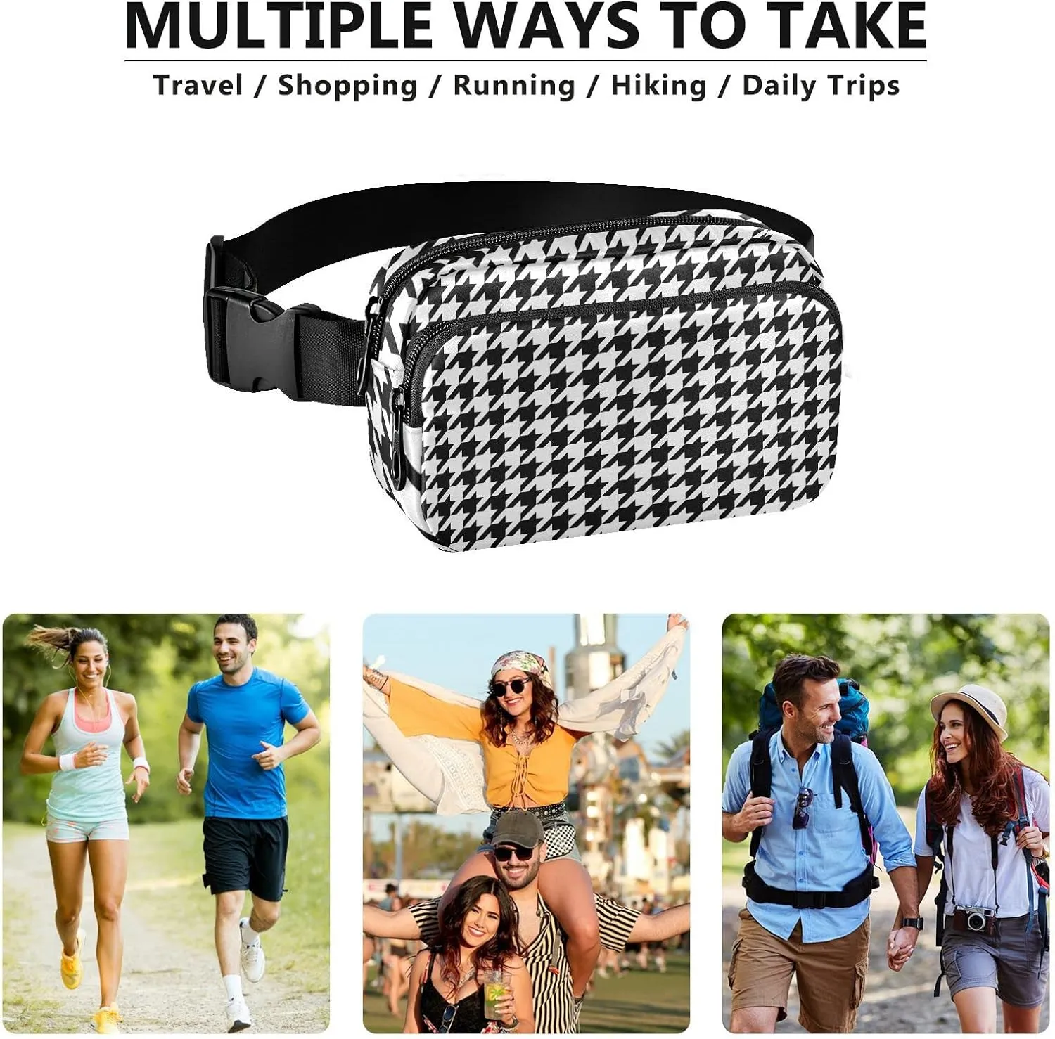 Houndstooth Check Plaid Fanny Pack for Women Men Belt Bag Crossbody Waist Pouch Waterproof Everywhere Purse Fashion Sling Bag for Running Hiking Workout Walking Travel
