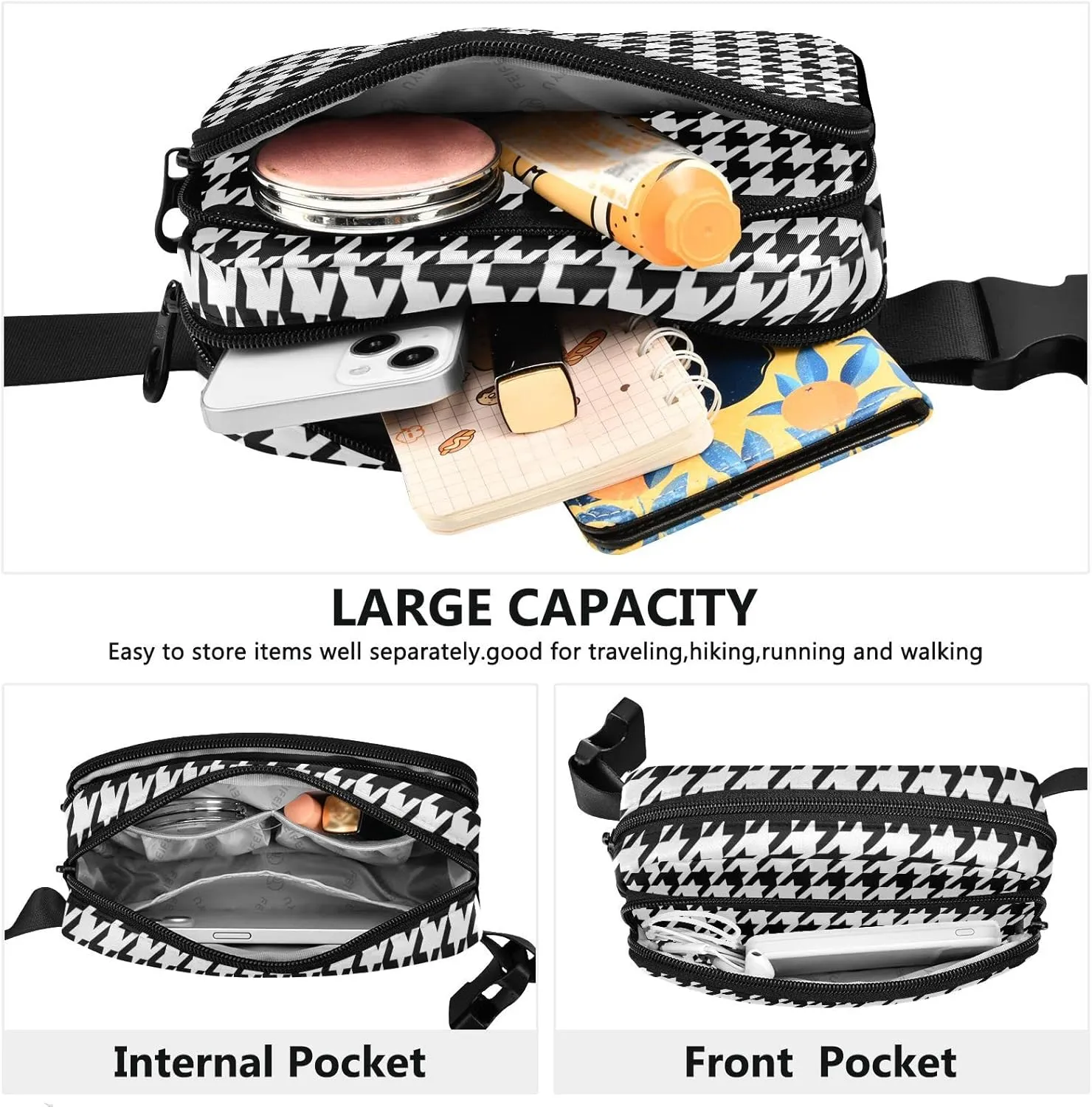 Houndstooth Check Plaid Fanny Pack for Women Men Belt Bag Crossbody Waist Pouch Waterproof Everywhere Purse Fashion Sling Bag for Running Hiking Workout Walking Travel