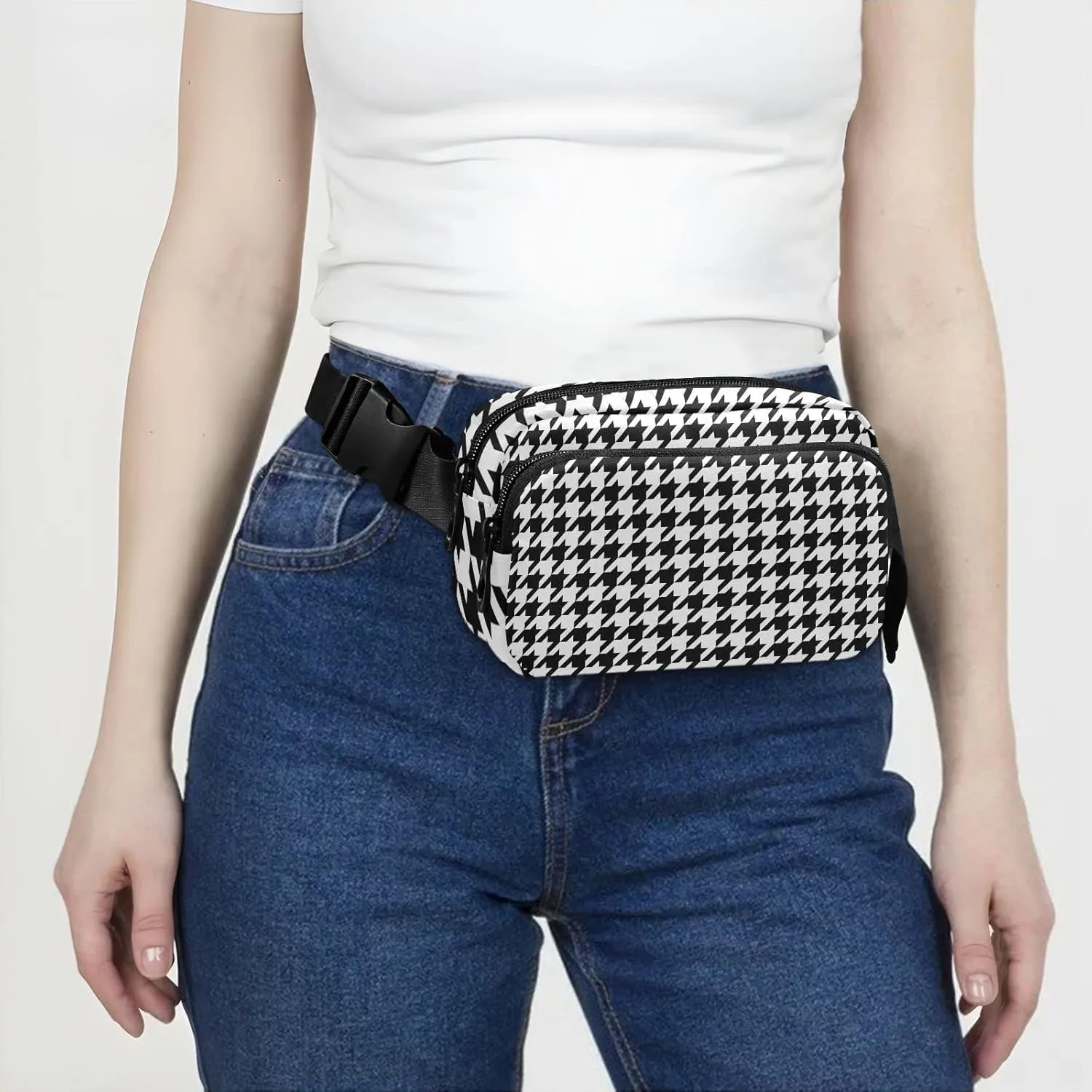 Houndstooth Check Plaid Fanny Pack for Women Men Belt Bag Crossbody Waist Pouch Waterproof Everywhere Purse Fashion Sling Bag for Running Hiking Workout Walking Travel