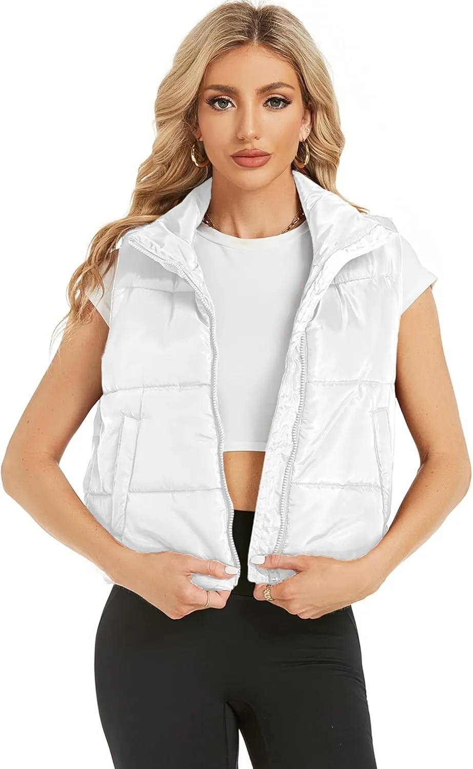 Hount Womens Winter Crop Puffer Vest Lightweight Sleeveless Padded Gilet Coat Stand Collar Outwear Vest with Pockets