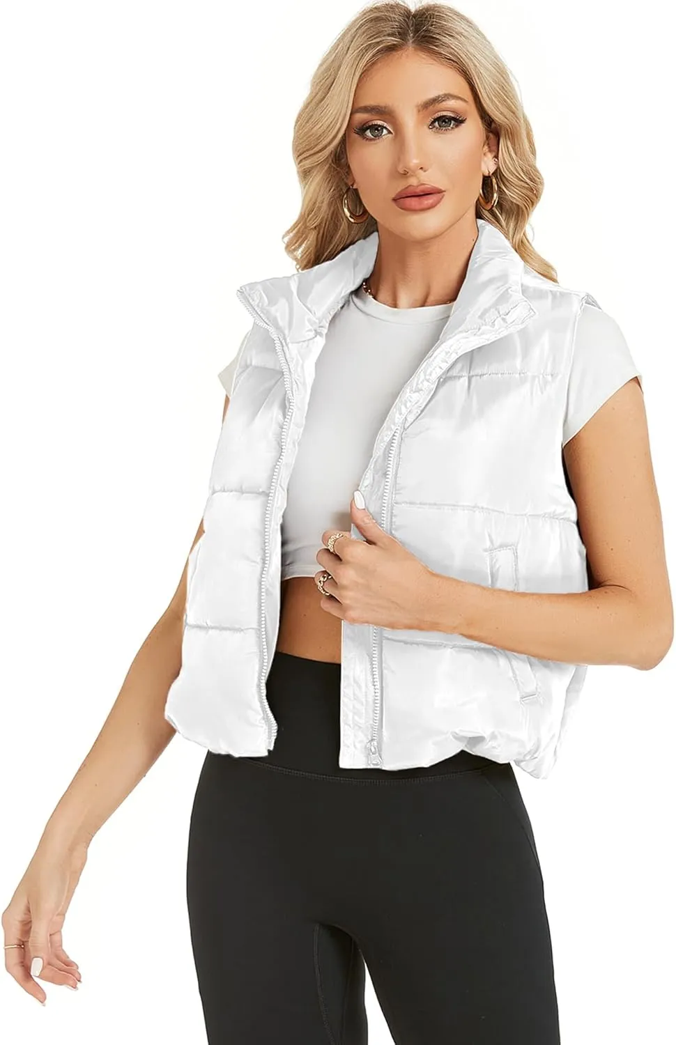 Hount Womens Winter Crop Puffer Vest Lightweight Sleeveless Padded Gilet Coat Stand Collar Outwear Vest with Pockets
