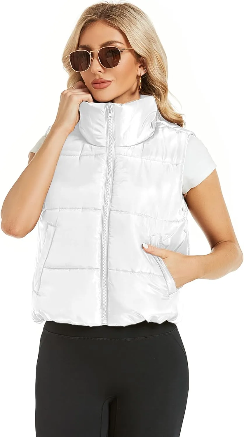 Hount Womens Winter Crop Puffer Vest Lightweight Sleeveless Padded Gilet Coat Stand Collar Outwear Vest with Pockets