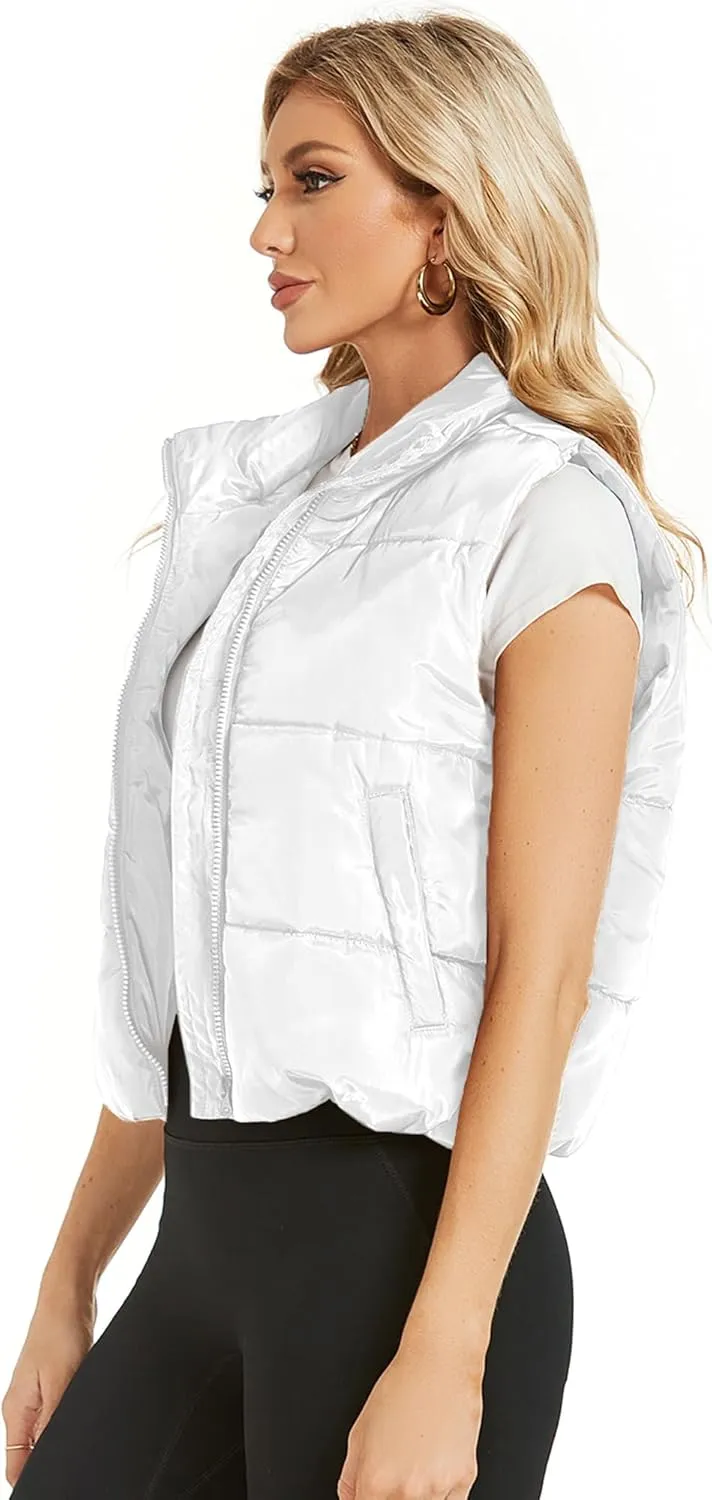 Hount Womens Winter Crop Puffer Vest Lightweight Sleeveless Padded Gilet Coat Stand Collar Outwear Vest with Pockets