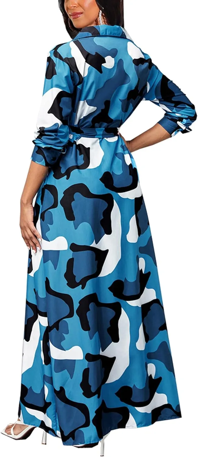 HugeNice Colorful Maxi Dresses for Women Sexy Long Sleeve Deep V Neck Bodycon Floor Length Dress