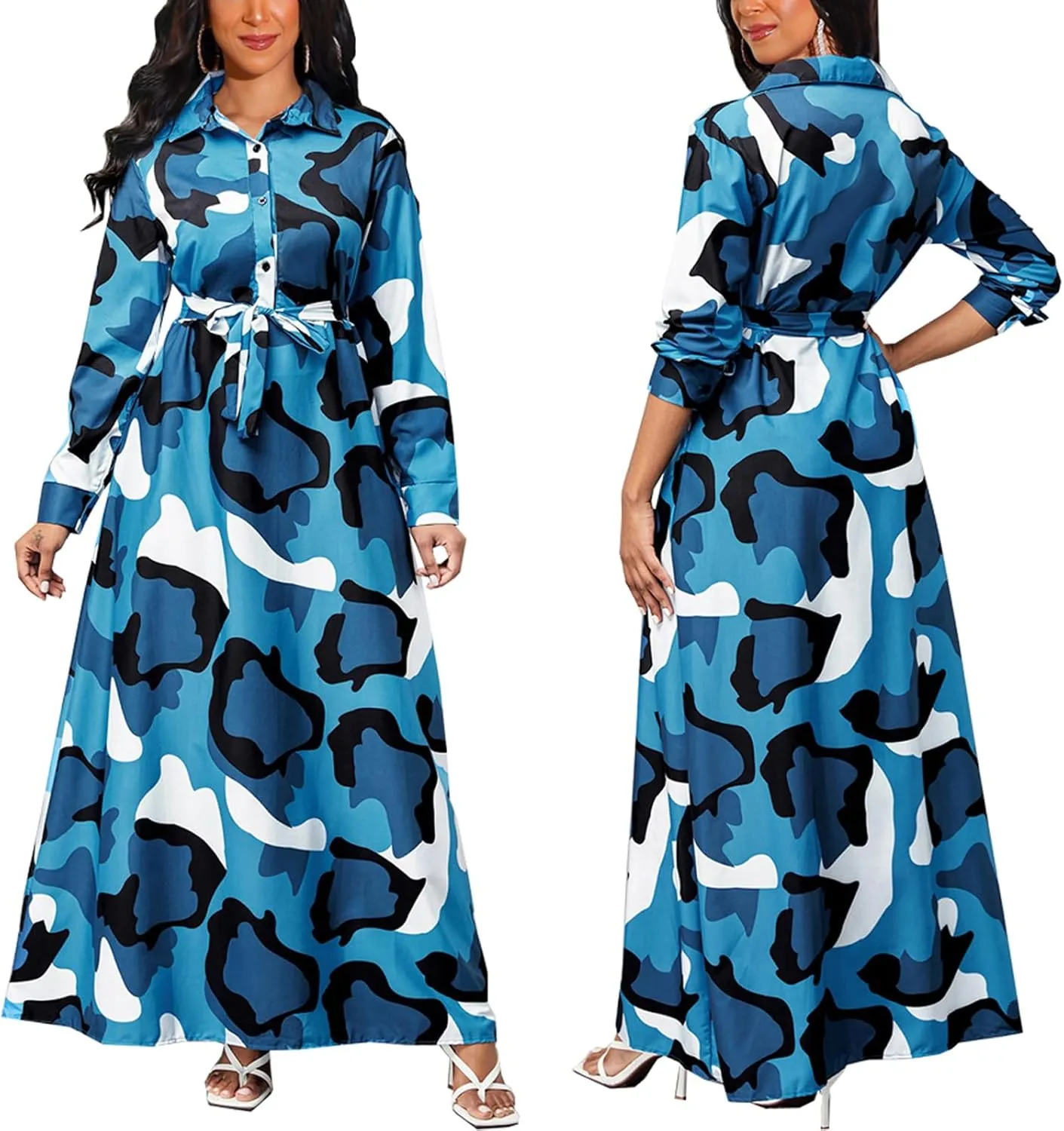 HugeNice Colorful Maxi Dresses for Women Sexy Long Sleeve Deep V Neck Bodycon Floor Length Dress