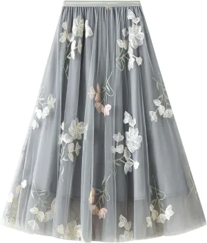 IDOPIP Women Floral Embroidery Mesh Skirt Summer Elastic Waist Ruffle Midi Skirt Formal Elegant Layered Tulle Flowy Skirt
