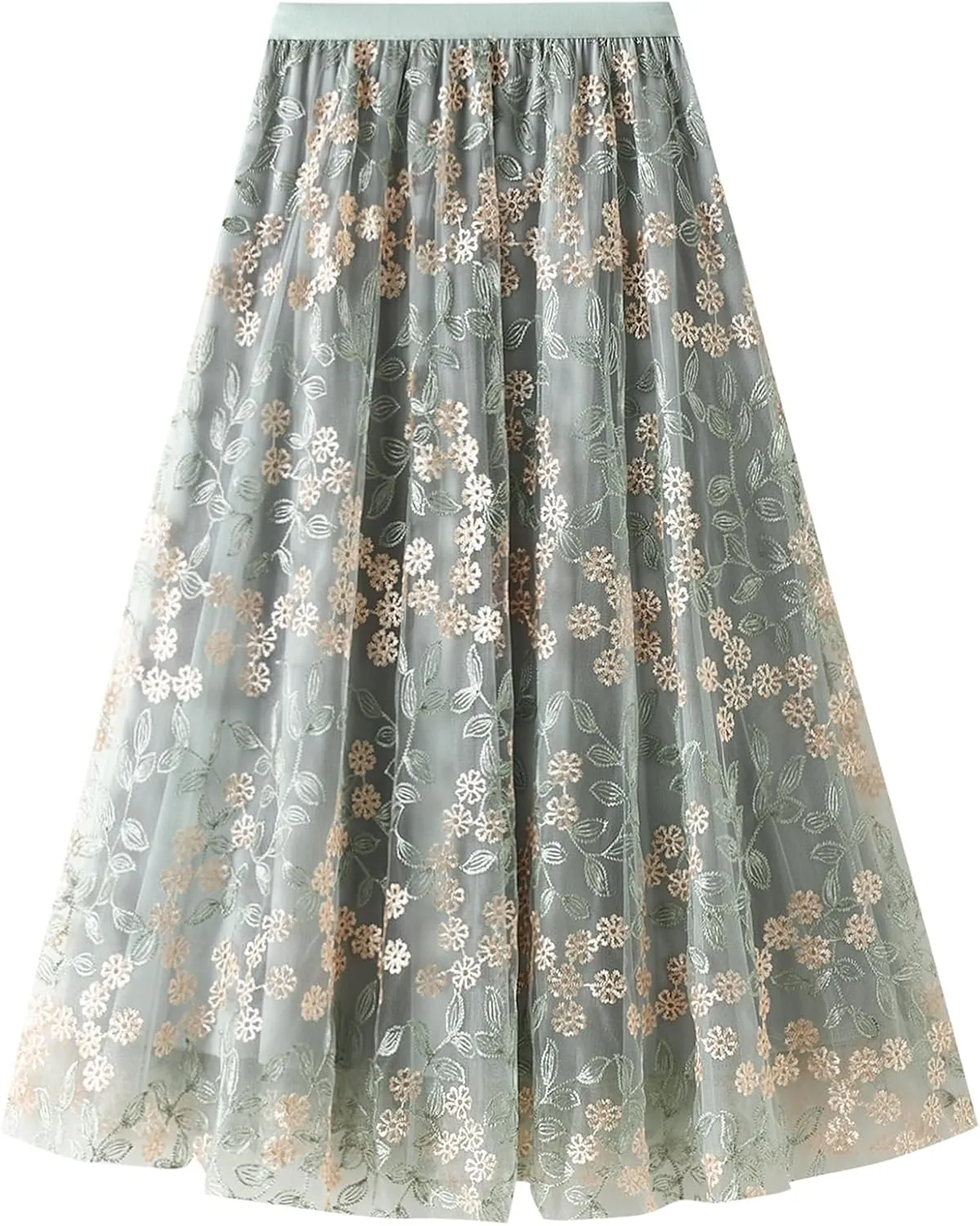 IDOPIP Women Floral Embroidery Mesh Skirt Summer Elastic Waist Ruffle Midi Skirt Formal Elegant Layered Tulle Flowy Skirt