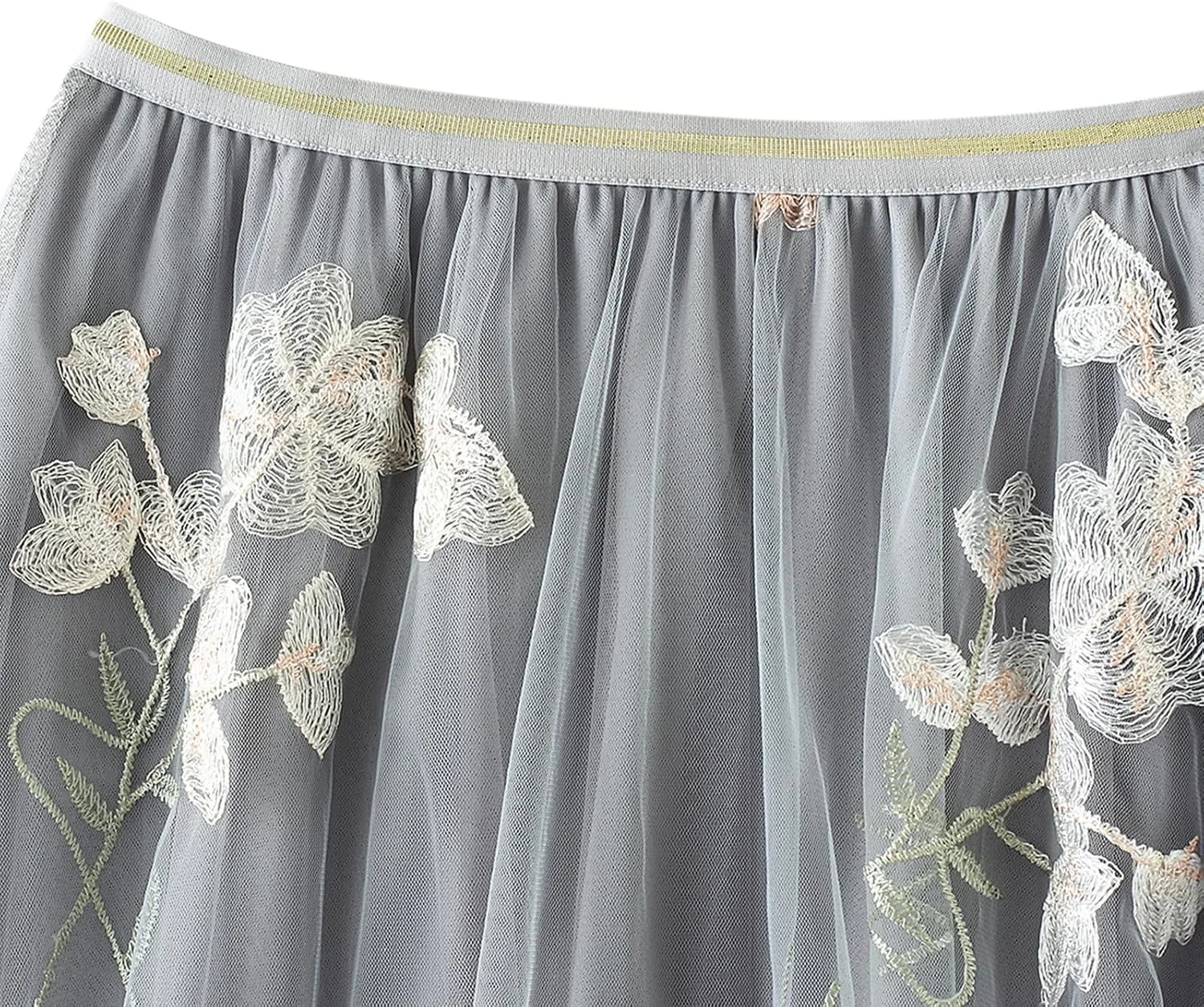 IDOPIP Women Floral Embroidery Mesh Skirt Summer Elastic Waist Ruffle Midi Skirt Formal Elegant Layered Tulle Flowy Skirt