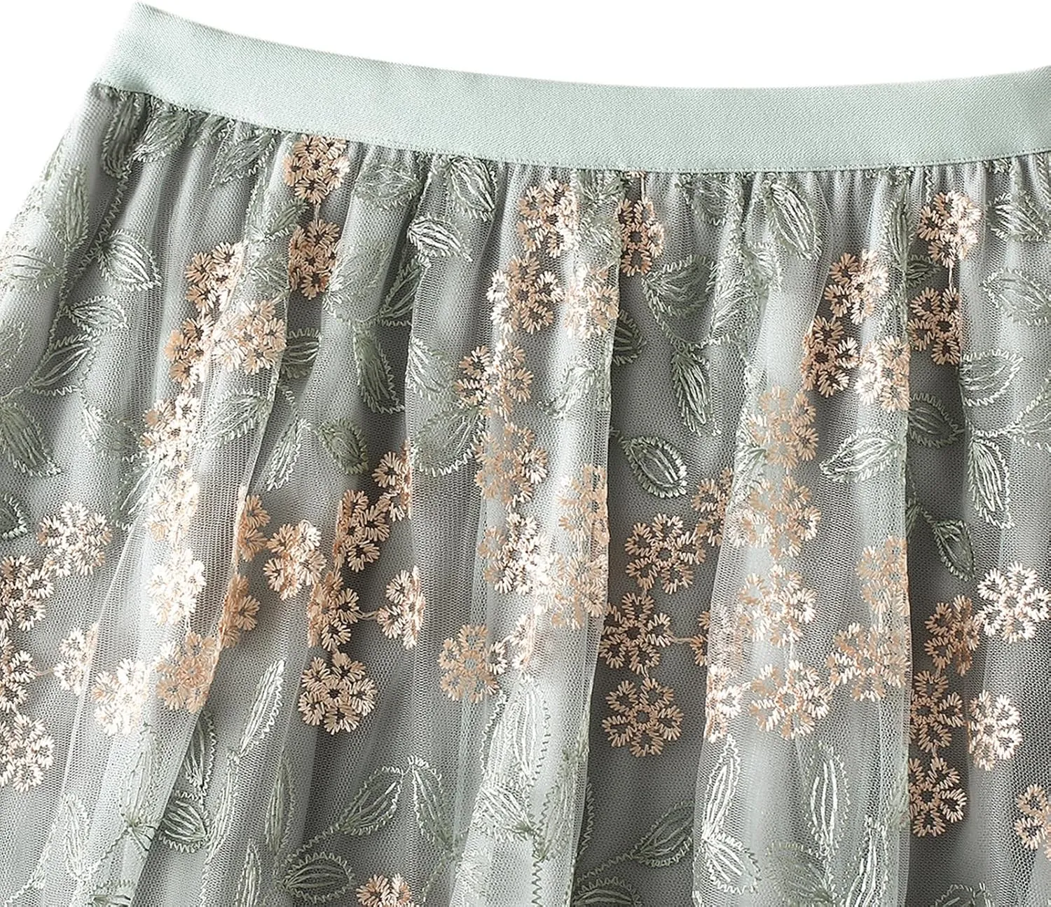 IDOPIP Women Floral Embroidery Mesh Skirt Summer Elastic Waist Ruffle Midi Skirt Formal Elegant Layered Tulle Flowy Skirt