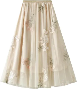 IDOPIP Women Floral Embroidery Mesh Skirt Summer Elastic Waist Ruffle Midi Skirt Formal Elegant Layered Tulle Flowy Skirt