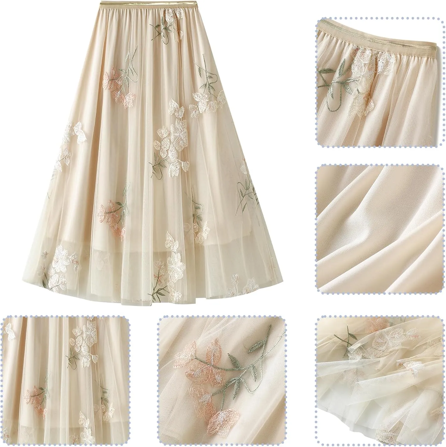 IDOPIP Women Floral Embroidery Mesh Skirt Summer Elastic Waist Ruffle Midi Skirt Formal Elegant Layered Tulle Flowy Skirt