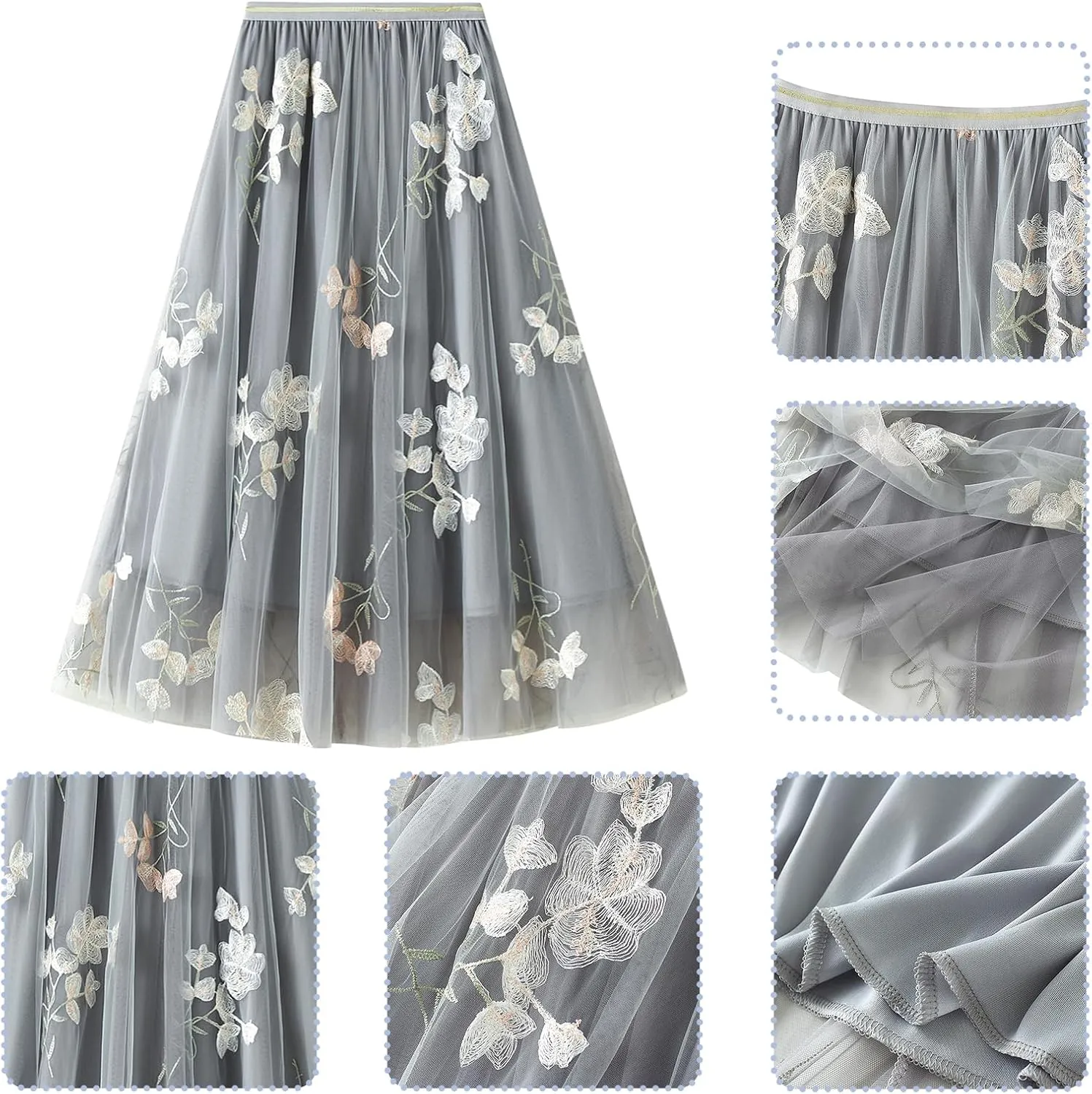 IDOPIP Women Floral Embroidery Mesh Skirt Summer Elastic Waist Ruffle Midi Skirt Formal Elegant Layered Tulle Flowy Skirt