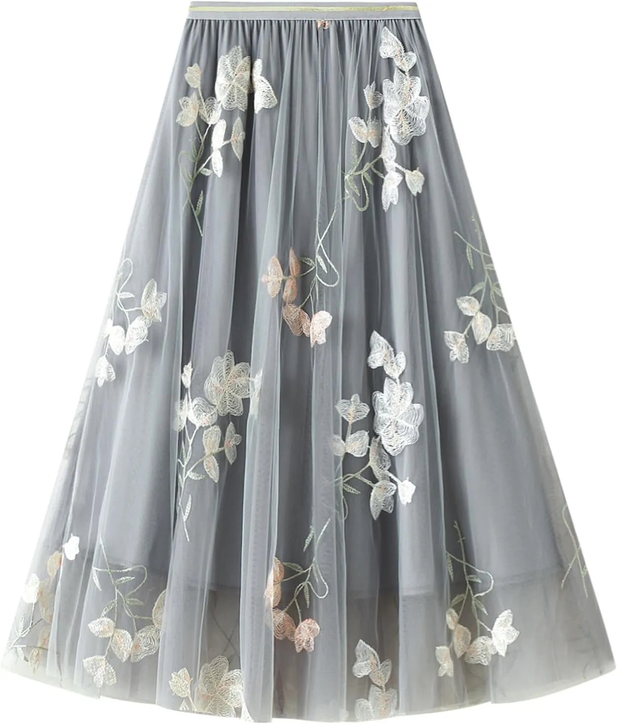 IDOPIP Women Floral Embroidery Mesh Skirt Summer Elastic Waist Ruffle Midi Skirt Formal Elegant Layered Tulle Flowy Skirt