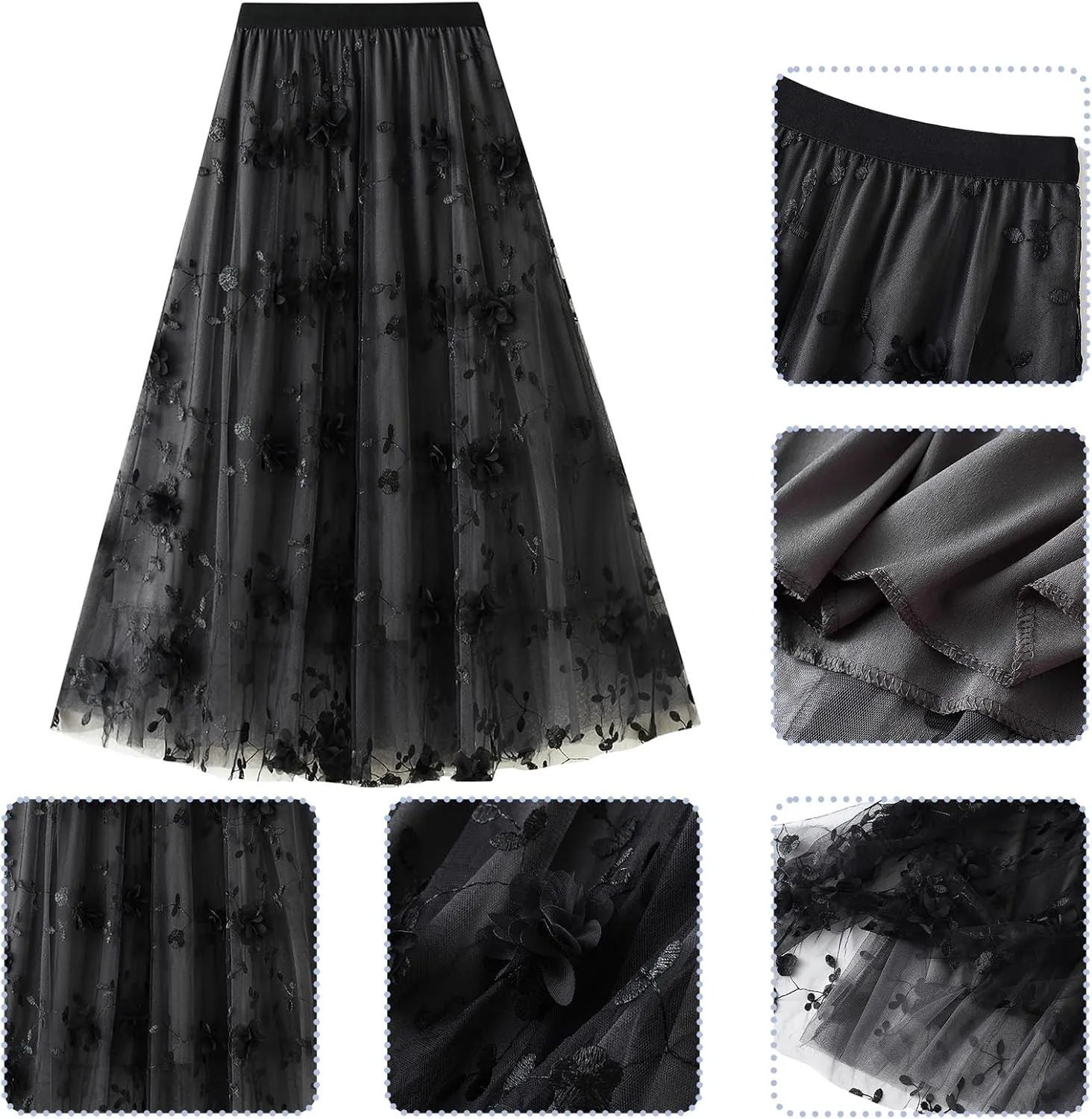 IDOPIP Women Floral Embroidery Mesh Skirt Summer Elastic Waist Ruffle Midi Skirt Formal Elegant Layered Tulle Flowy Skirt
