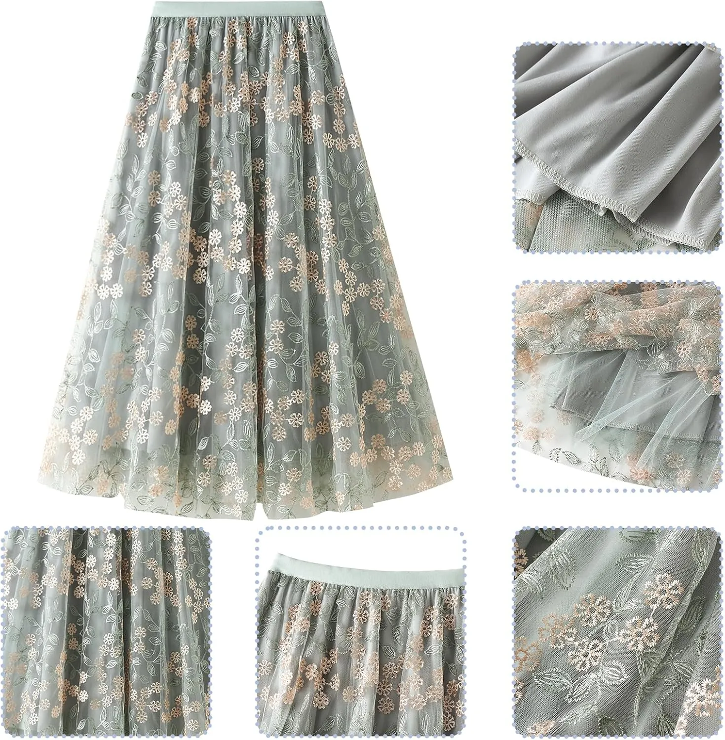IDOPIP Women Floral Embroidery Mesh Skirt Summer Elastic Waist Ruffle Midi Skirt Formal Elegant Layered Tulle Flowy Skirt