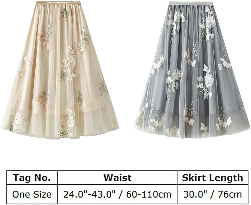 IDOPIP Women Floral Embroidery Mesh Skirt Summer Elastic Waist Ruffle Midi Skirt Formal Elegant Layered Tulle Flowy Skirt