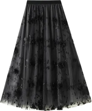 IDOPIP Women Floral Embroidery Mesh Skirt Summer Elastic Waist Ruffle Midi Skirt Formal Elegant Layered Tulle Flowy Skirt