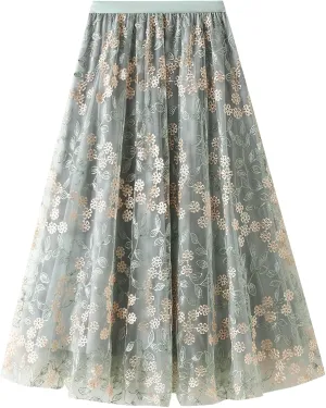 IDOPIP Women Floral Embroidery Mesh Skirt Summer Elastic Waist Ruffle Midi Skirt Formal Elegant Layered Tulle Flowy Skirt