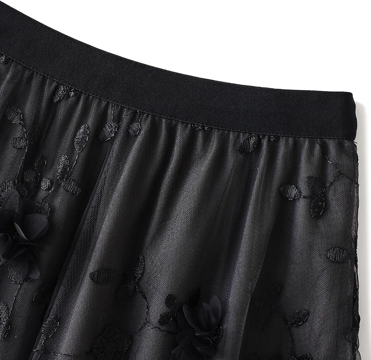IDOPIP Women Floral Embroidery Mesh Skirt Summer Elastic Waist Ruffle Midi Skirt Formal Elegant Layered Tulle Flowy Skirt