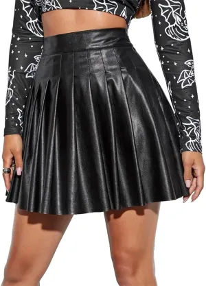 IDOPIP Women PU Faux Leather Pleated Skirt Casual A Line Mini Skirt Summer Club Party Short Skirt Evening Basic Skater Skirt