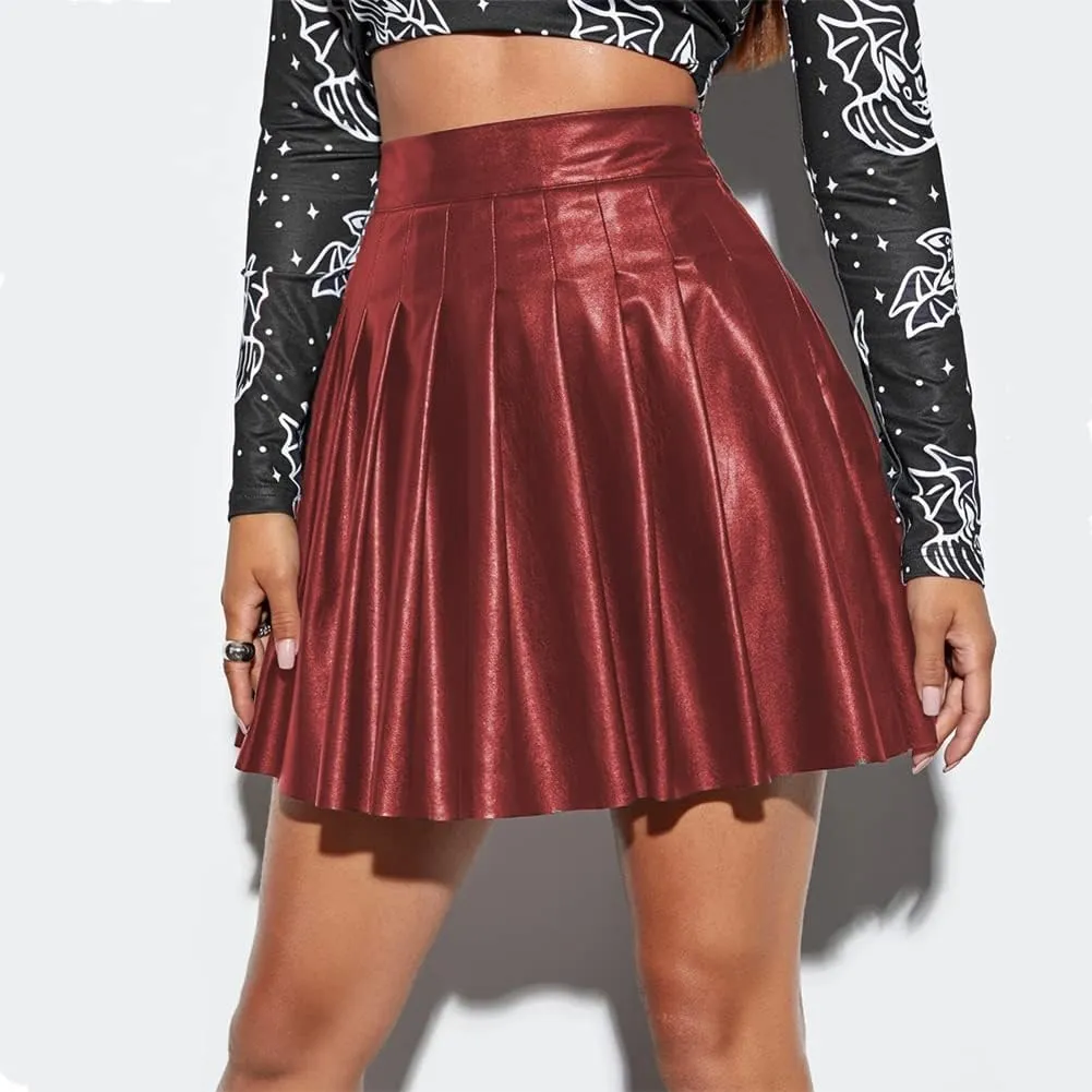 IDOPIP Women PU Faux Leather Pleated Skirt Casual A Line Mini Skirt Summer Club Party Short Skirt Evening Basic Skater Skirt