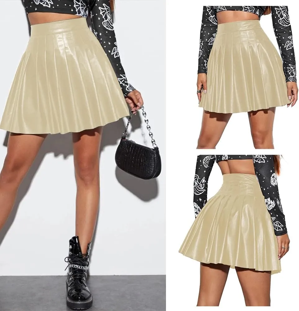 IDOPIP Women PU Faux Leather Pleated Skirt Casual A Line Mini Skirt Summer Club Party Short Skirt Evening Basic Skater Skirt