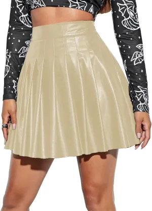 IDOPIP Women PU Faux Leather Pleated Skirt Casual A Line Mini Skirt Summer Club Party Short Skirt Evening Basic Skater Skirt