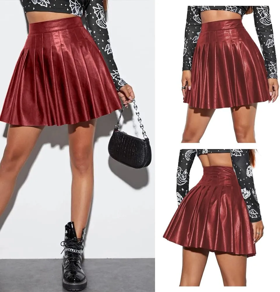 IDOPIP Women PU Faux Leather Pleated Skirt Casual A Line Mini Skirt Summer Club Party Short Skirt Evening Basic Skater Skirt