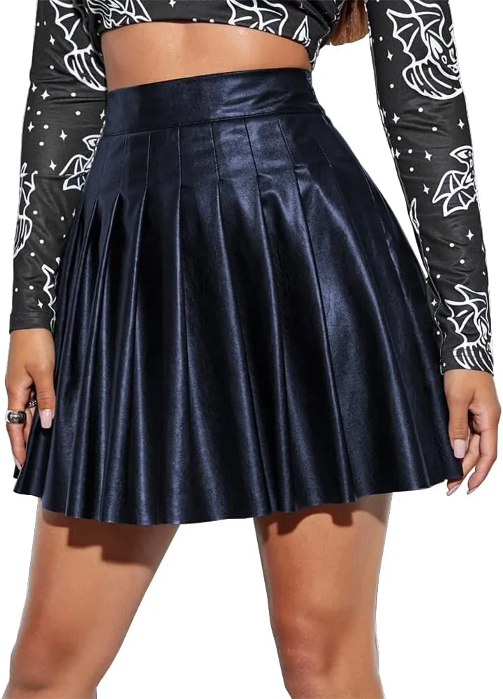 IDOPIP Women PU Faux Leather Pleated Skirt Casual A Line Mini Skirt Summer Club Party Short Skirt Evening Basic Skater Skirt