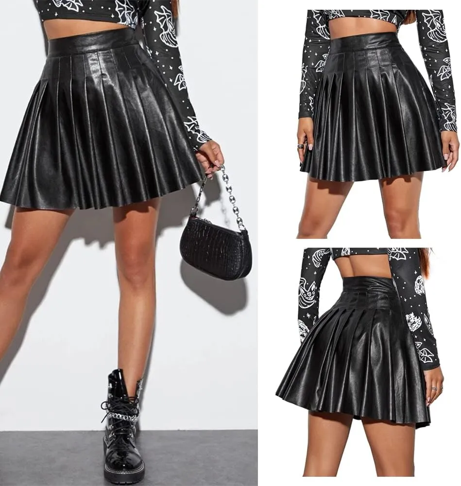 IDOPIP Women PU Faux Leather Pleated Skirt Casual A Line Mini Skirt Summer Club Party Short Skirt Evening Basic Skater Skirt