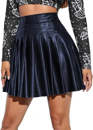 IDOPIP Women PU Faux Leather Pleated Skirt Casual A Line Mini Skirt Summer Club Party Short Skirt Evening Basic Skater Skirt