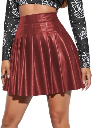 IDOPIP Women PU Faux Leather Pleated Skirt Casual A Line Mini Skirt Summer Club Party Short Skirt Evening Basic Skater Skirt