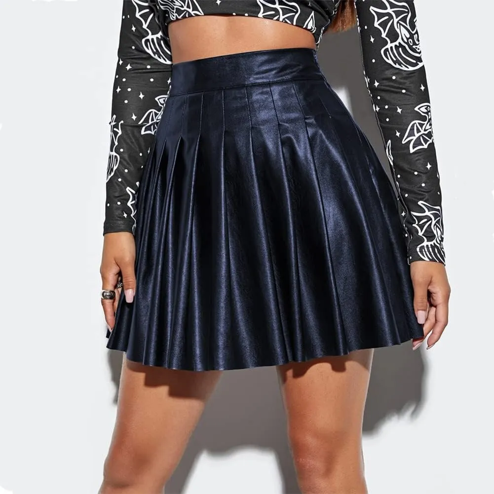 IDOPIP Women PU Faux Leather Pleated Skirt Casual A Line Mini Skirt Summer Club Party Short Skirt Evening Basic Skater Skirt