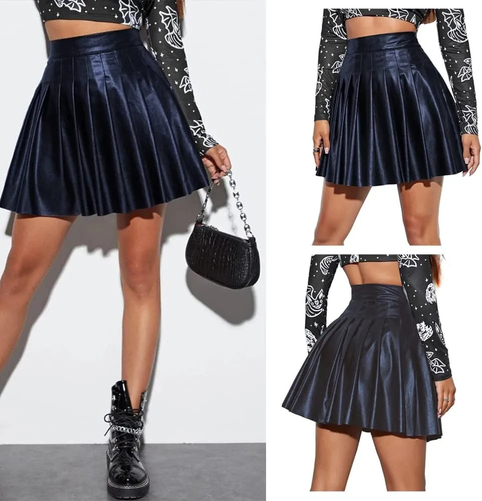 IDOPIP Women PU Faux Leather Pleated Skirt Casual A Line Mini Skirt Summer Club Party Short Skirt Evening Basic Skater Skirt