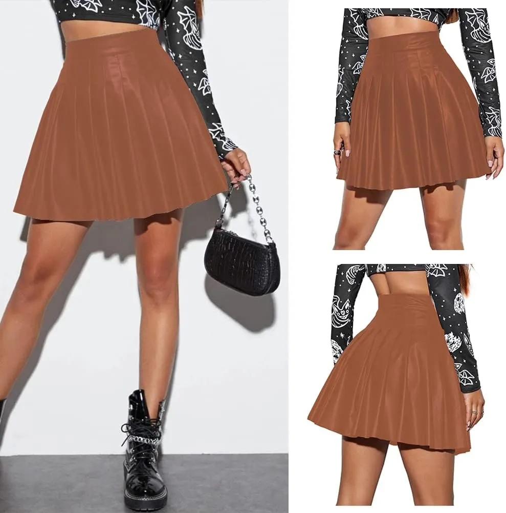 IDOPIP Women PU Faux Leather Pleated Skirt Casual A Line Mini Skirt Summer Club Party Short Skirt Evening Basic Skater Skirt