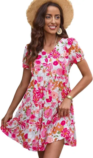 Irsutey Women Casual Summer Sundress Boho Short Sleeve V Neck Dress Ruffle Beach Floral Print Fashion Party Mini Swing Dress
