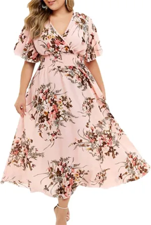 IVERIRMIN Women's Summer Plus Size Floral Dress Casual Elegant Ruffle Short Sleeve V Neck Elastic Waist Midi Dresses