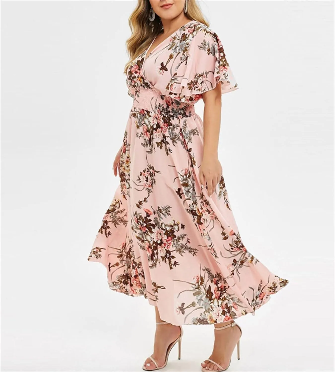 IVERIRMIN Women's Summer Plus Size Floral Dress Casual Elegant Ruffle Short Sleeve V Neck Elastic Waist Midi Dresses