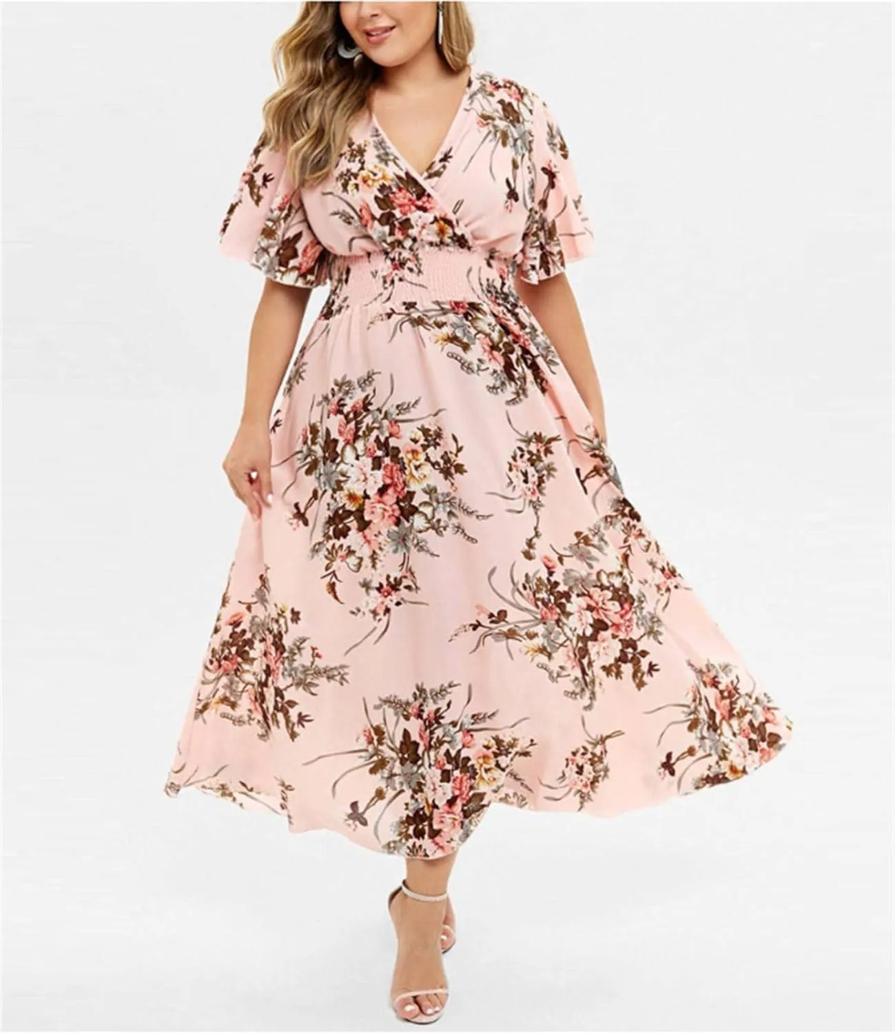 IVERIRMIN Women's Summer Plus Size Floral Dress Casual Elegant Ruffle Short Sleeve V Neck Elastic Waist Midi Dresses