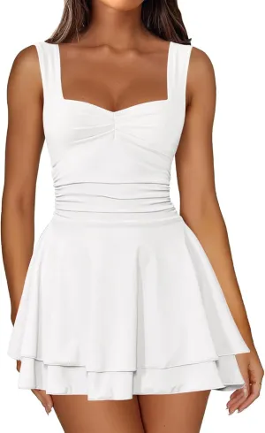IWD Women's Square Neck Sleeveless Mini Dress Ruched Waist Tiered Ruffle Hem A Line Short Dresses