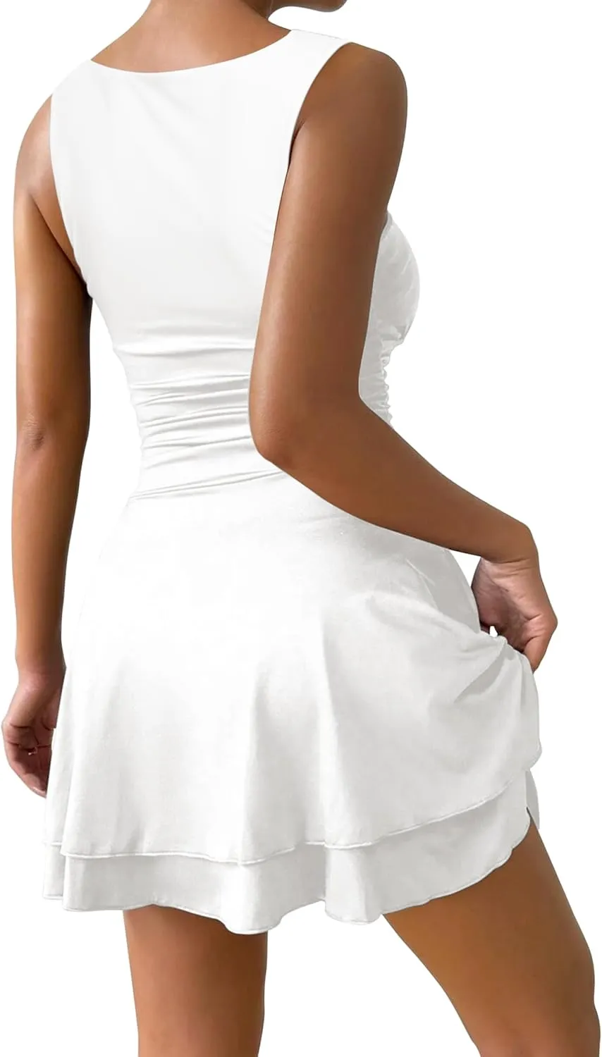 IWD Women's Square Neck Sleeveless Mini Dress Ruched Waist Tiered Ruffle Hem A Line Short Dresses