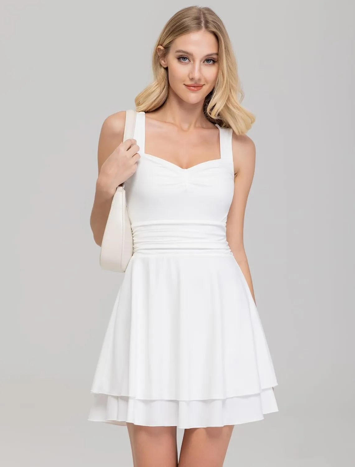 IWD Women's Square Neck Sleeveless Mini Dress Ruched Waist Tiered Ruffle Hem A Line Short Dresses