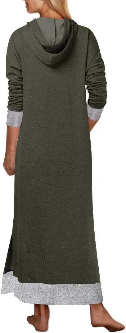 Jacansi Women's Long Sleeve Solid Loose Hooded Sweatshirt Maxi Dress with Pocket