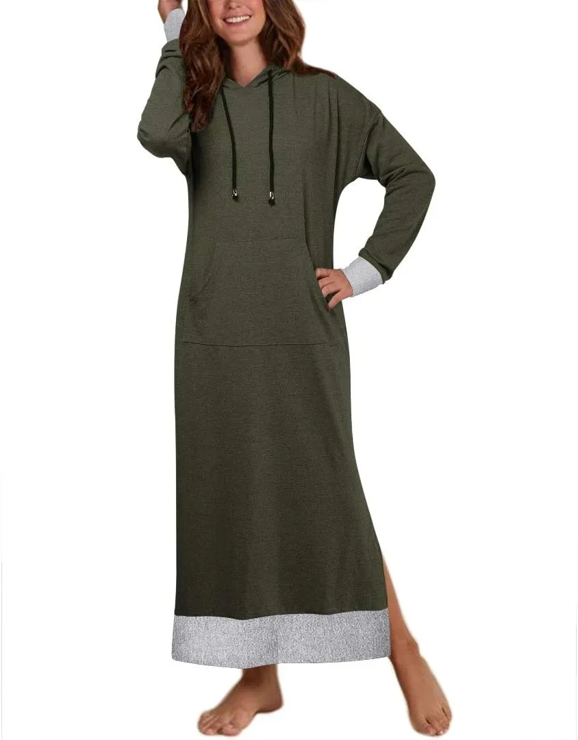 Jacansi Women's Long Sleeve Solid Loose Hooded Sweatshirt Maxi Dress with Pocket
